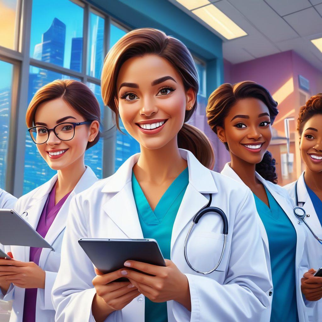 A diverse group of animated female doctors in white coats sharing stories, one holding a stethoscope, another using a tablet, and one performing surgery; their expressions range from laughter to deep concentration. The background shows a vibrant, dynamic hospital setting with patients, medical instruments, and a hint of the city skyline through windows. Vector art. vibrant colors.