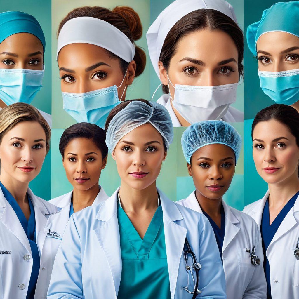 A dynamic collage featuring diverse female healthcare professionals in various roles such as doctors, nurses, and surgeons, all wearing white coats and stethoscopes. Show these women in a hospital setting, caring for patients, reading charts, and performing surgeries. Emphasize their strength, compassion, and expertise. Include a backdrop of a hospital with medical equipment subtly in the background. super-realistic. vibrant colors.