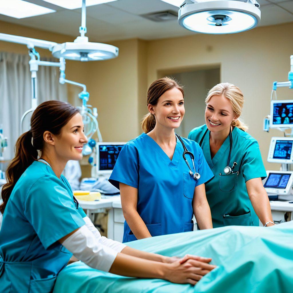 A dynamic scene of female doctors in various medical settings, showcasing both intense moments in the emergency room and heartwarming interactions with patients. One doctor is performing a critical surgery while another is comforting an elderly patient. A backdrop of a bustling hospital with diverse staff. super-realistic. vibrant colors. white background.